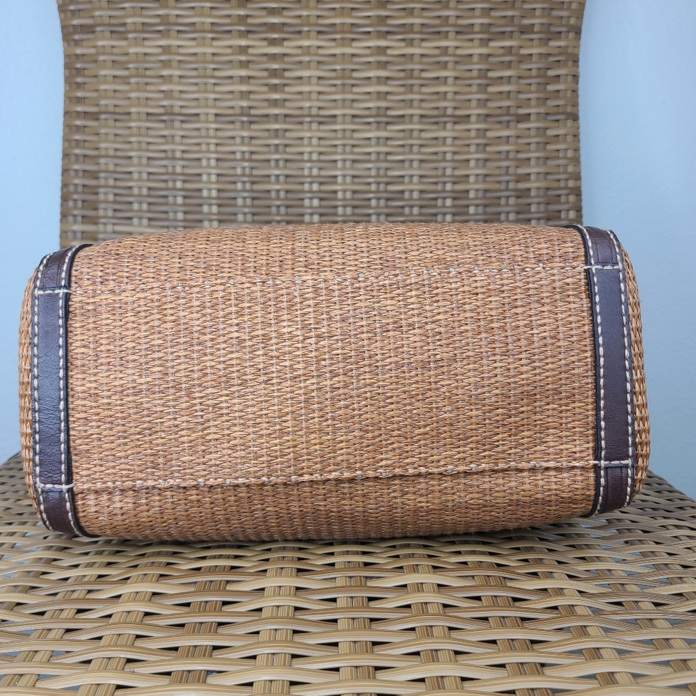 Fossil Bag Satchel Tan Straw Material Brown Leather Shoulder Strap Key Charm - Picture 10 of 16